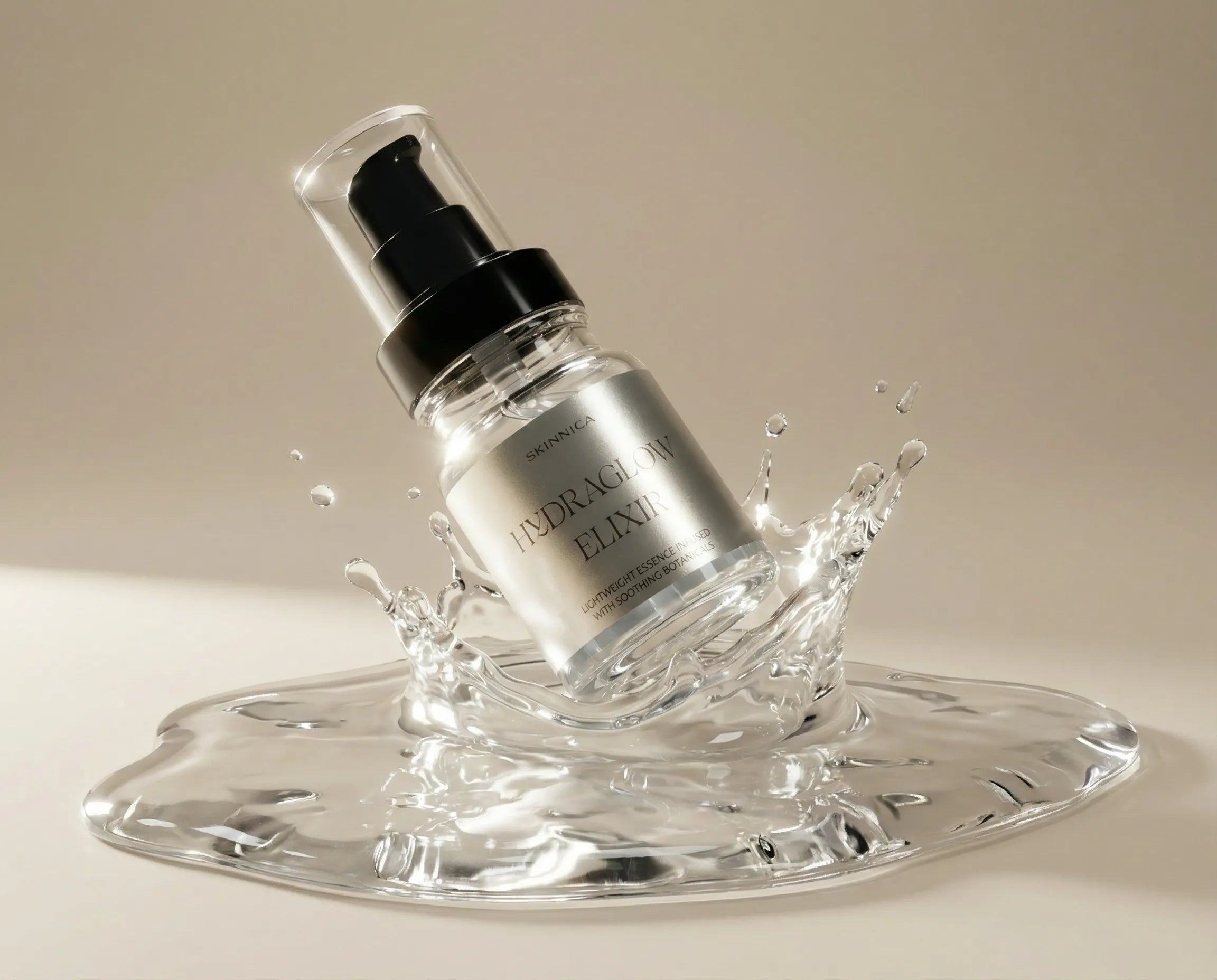HYDRAGLOW ELIXIR 80ml serum bottle floating in a virtual shot in a pool of serum liquid