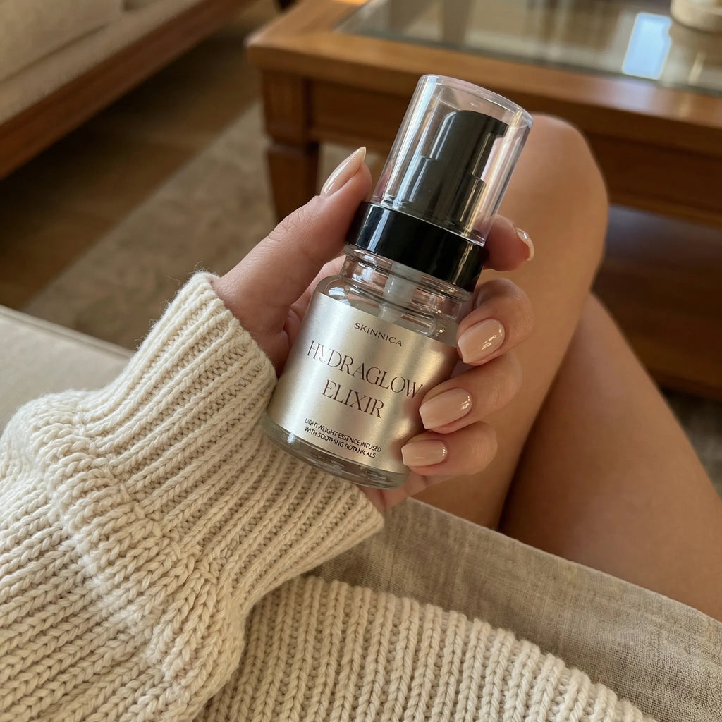 Hand holding the HYDRAGLOW ELIXIR 80ml serum bottle showing size and form